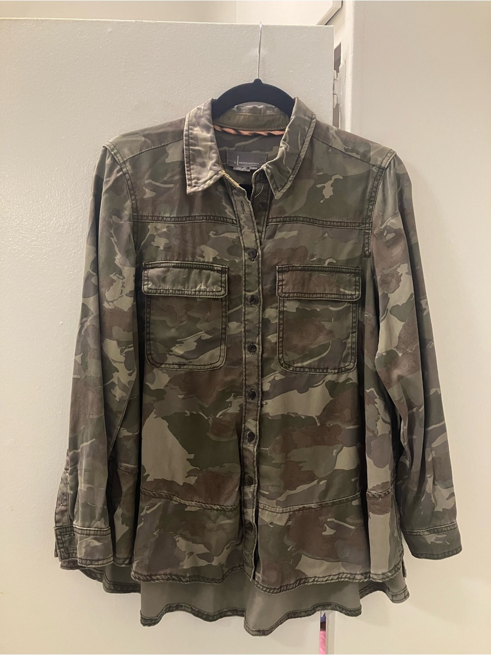 by Anthropologie Green Camouflage Tencel Lyocell Oversize Utility Shirt Top Sz 4